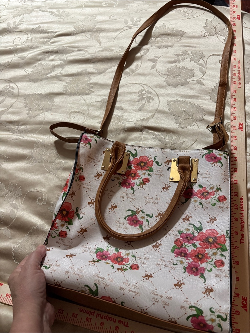 Beverly Hills Polo Club White Floral Shoulder Tote with Brown Straps